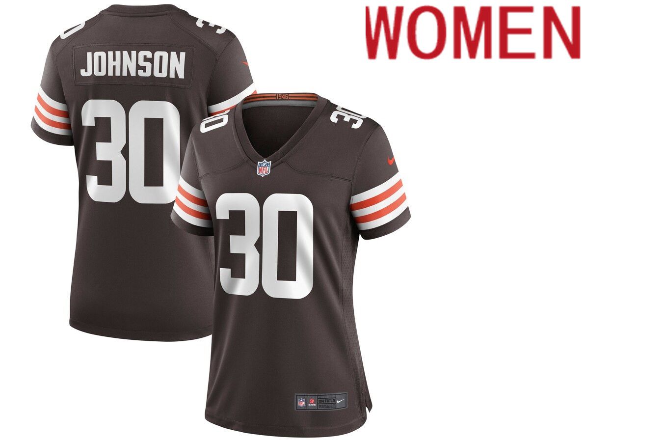 Women Cleveland Browns #30 D Ernest Johnson Nike Brown Game NFL Jersey->women nfl jersey->Women Jersey